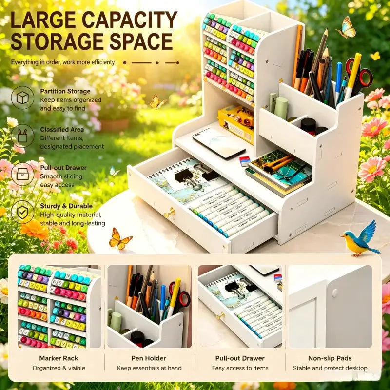 Wooden Multi-grid Desktop Storage Organizer, Single Drawer 10-Slot Pen Pencil Holder for Home Study & Office Desk from PriceLows™