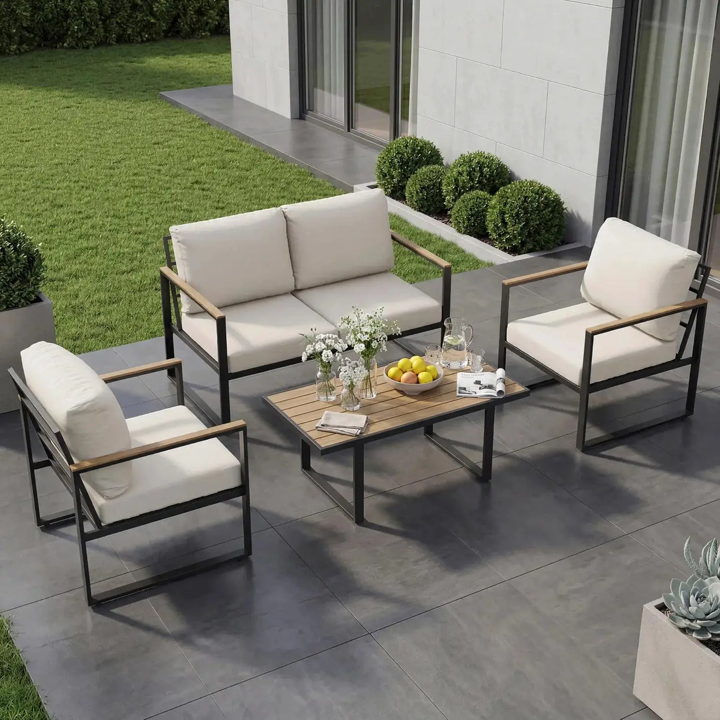 Modern 4-Piece Patio Furniture Set Outdoor Conversation Sectional Sofa With Coffee Table Thick Washable Cushions For Lawn Deck from PriceLows™