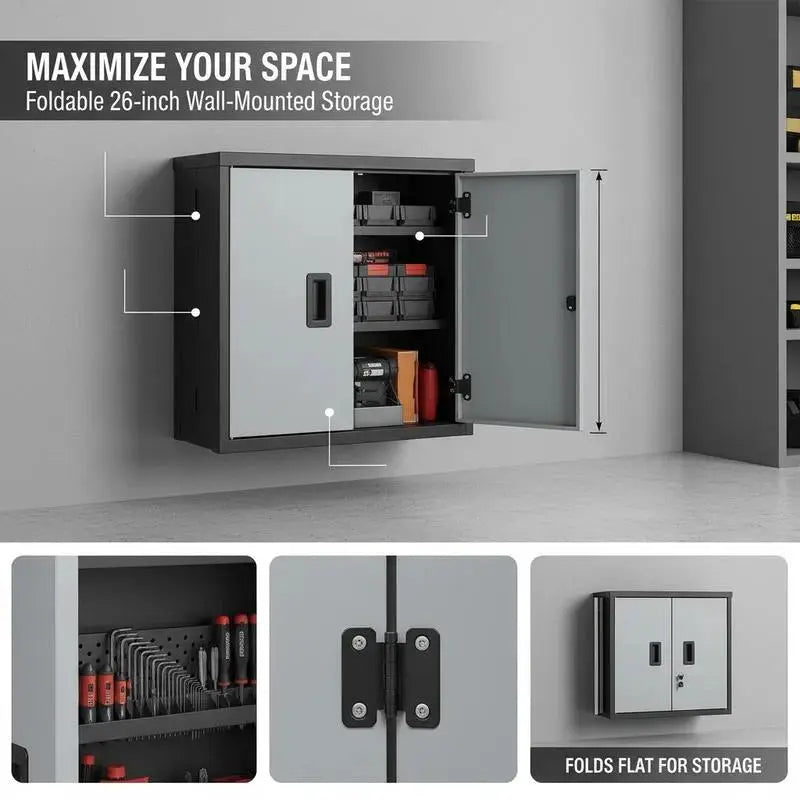 Foldable Wall Cabinet, Metal Garage Locker Mounted 26" Small Tool Chest 240 LBS Loading Capacity Adjustable Shelf Magnetic Door File for Warehouse Office Home Black from PriceLows™