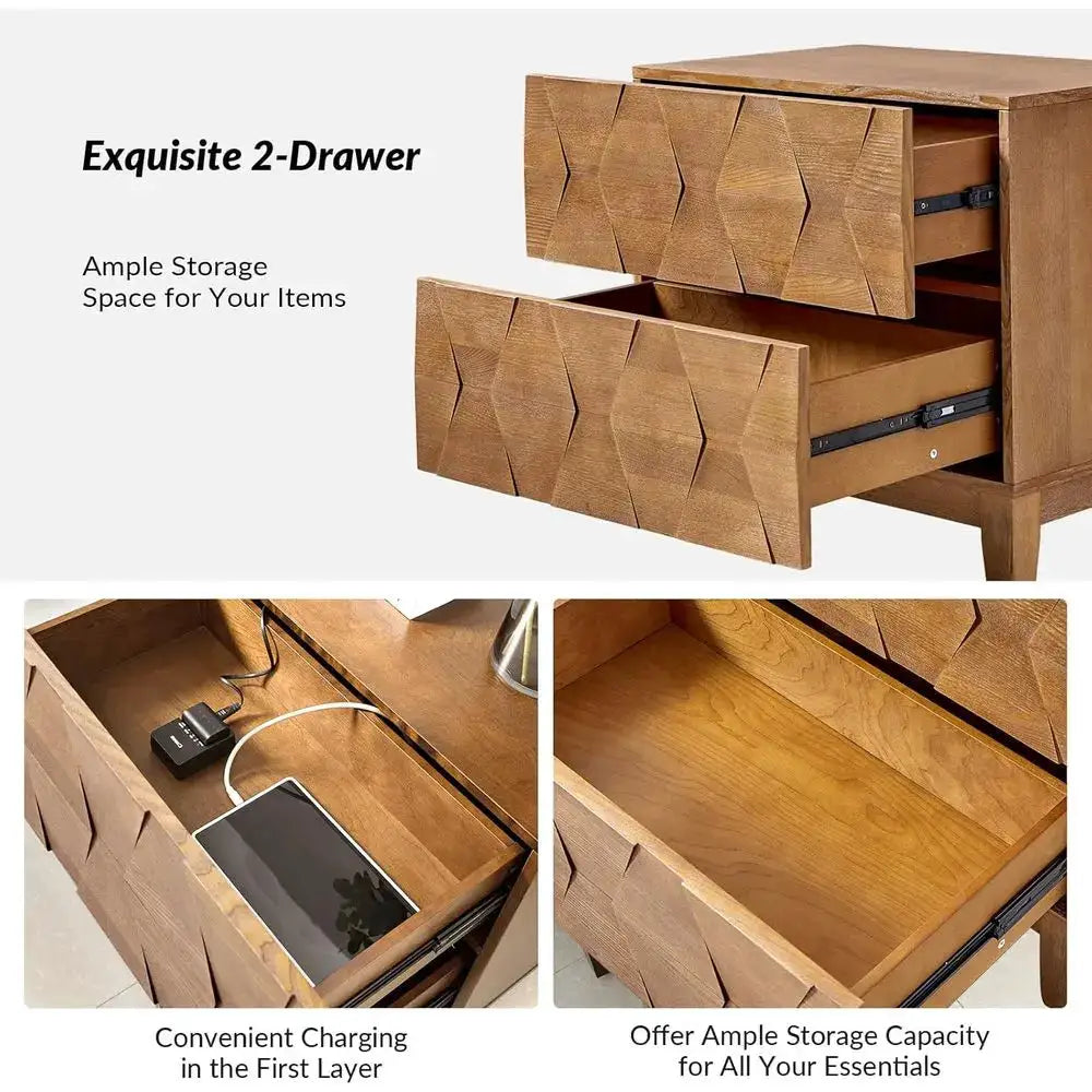 End Table with Charging Station, 2 Drawers Side Table with Solid Wood Legs from PriceLows™