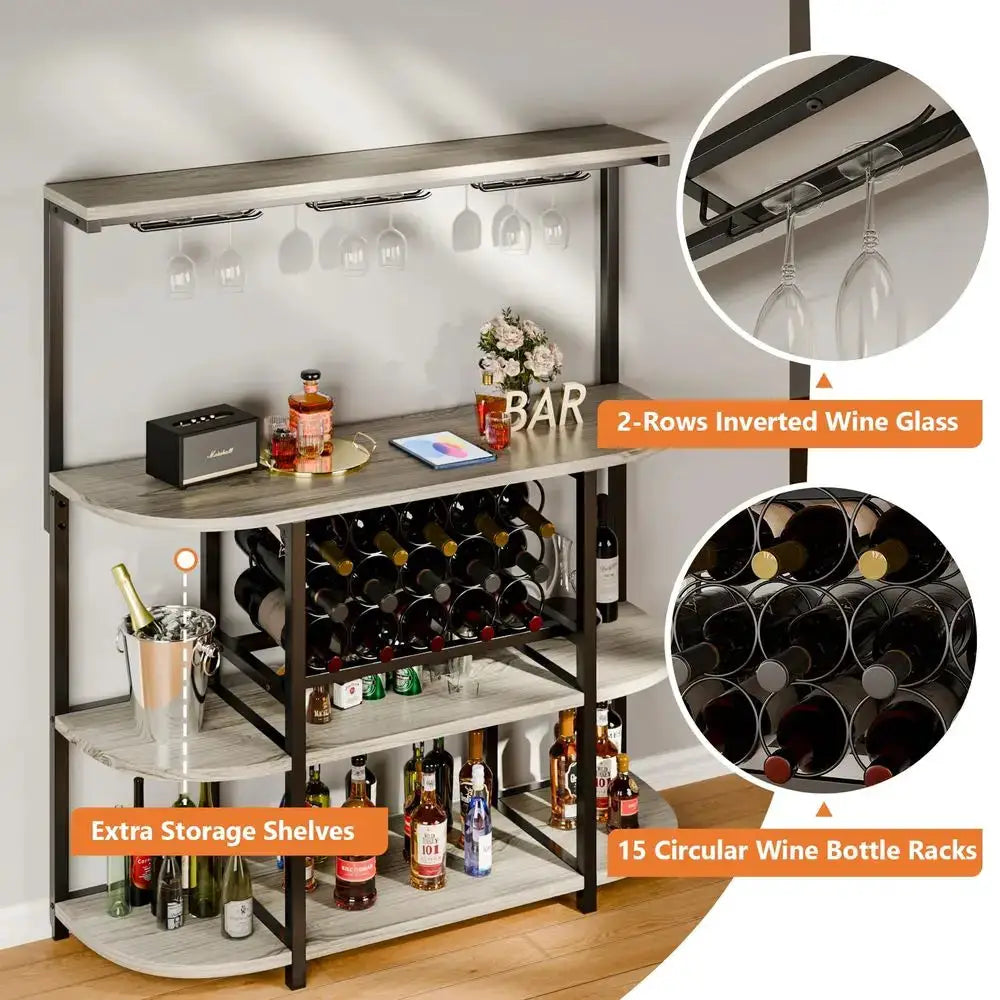Wine Bar Cabinet with Power Outlet and LED Lights, Home Bar Cabinet Table for Liquor, Freestanding Wine Racks with 4Tier Storag from PriceLows™