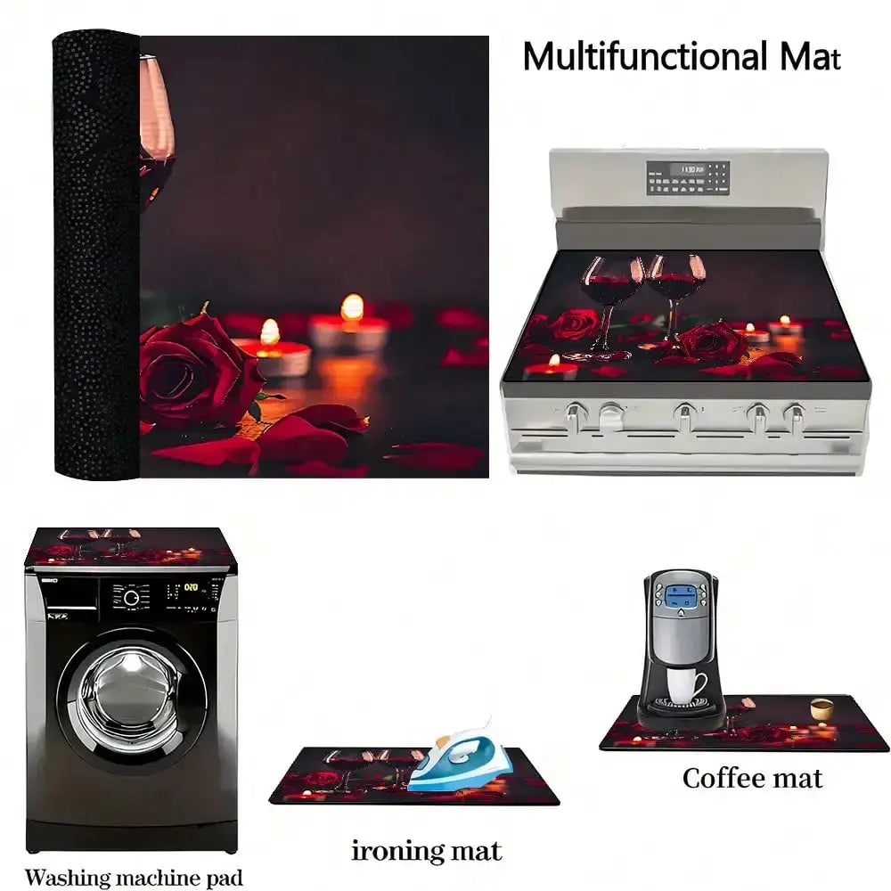 1pc Spring and summer Heat-Resistant Placemat - Non-Slip Kitchen Mat with Red Roses & Wine Glasses Design from PriceLows™