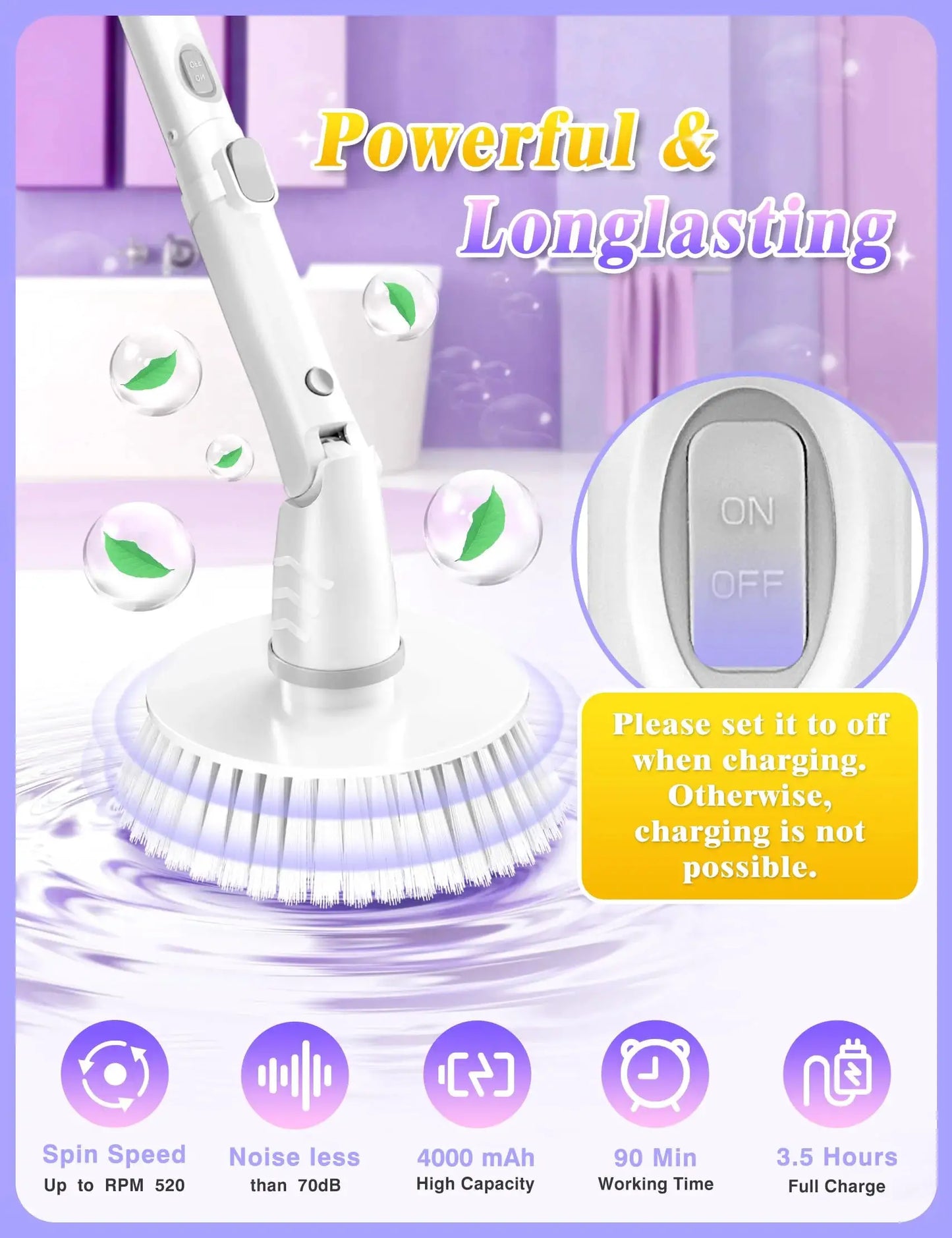 Electric Spin Scrubber | 6 Brush Heads | Long Reach Handle | 11-in-1 Surfaces