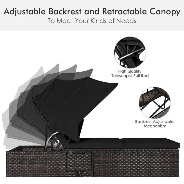 Rattan Reclining Chaise Lounge Chair Outdoor Patio Black Cushions Folding Canopy from PriceLows™