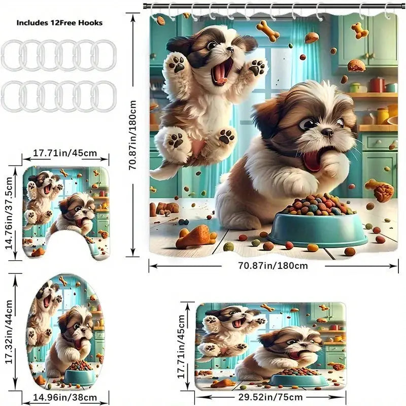 4 Piece Funny Puppy Dog Shower Curtain Set - Cartoon Pet Bathroom Decor with Rugs - Washable Fabric Curtain and Toilet Lid Cover from PriceLows™