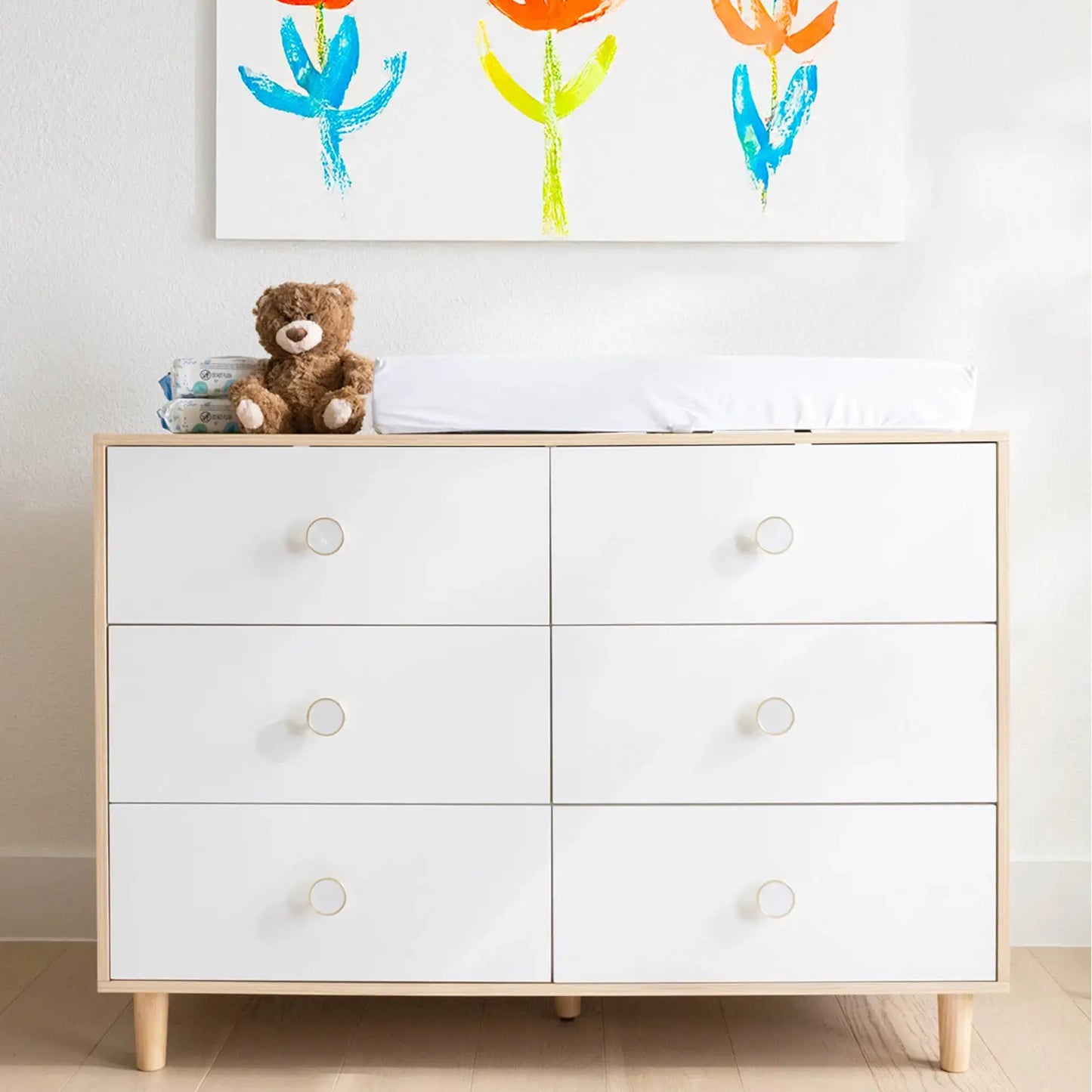 White Baby Dresser 6-Drawer Storage Dresser with Solid Wood Legs for Kids Bedroom Wide Chest Organizer for Baby Clothes Toys Nursery Essentials from PriceLows™