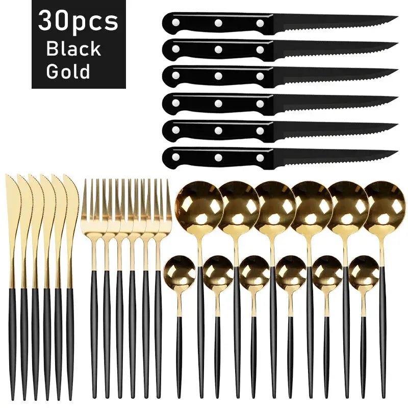 30pcs Black Dinnerware Set Stainless Steel Steak Knife Fork Coffee Spoon Teaspoon Flatware Dishwasher Safe Kitchen Tableware Set from PriceLows™