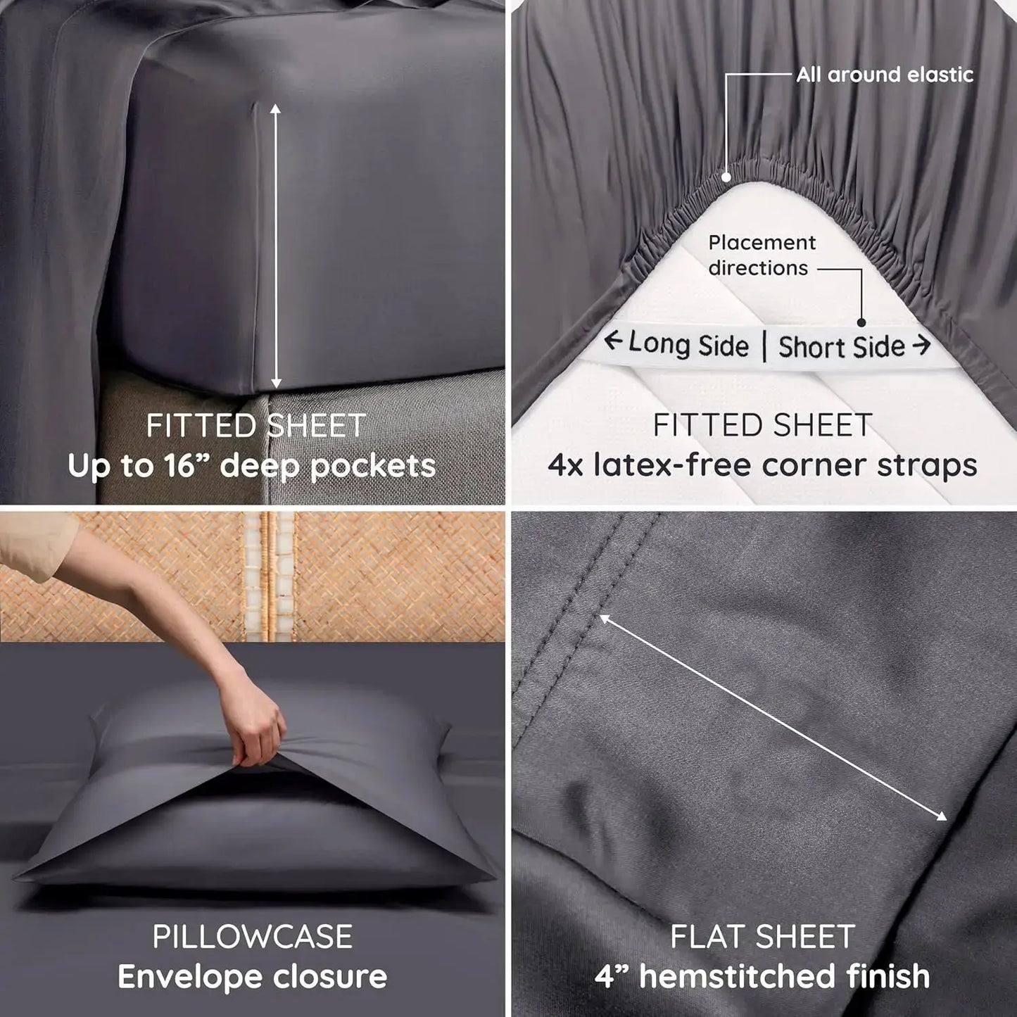 Bamboo Sheets Queen Size Set 4pcs Cooling Bed Sheets Super Soft Deep Pocket Fits 16'' Mattress Charcoal from PriceLows™