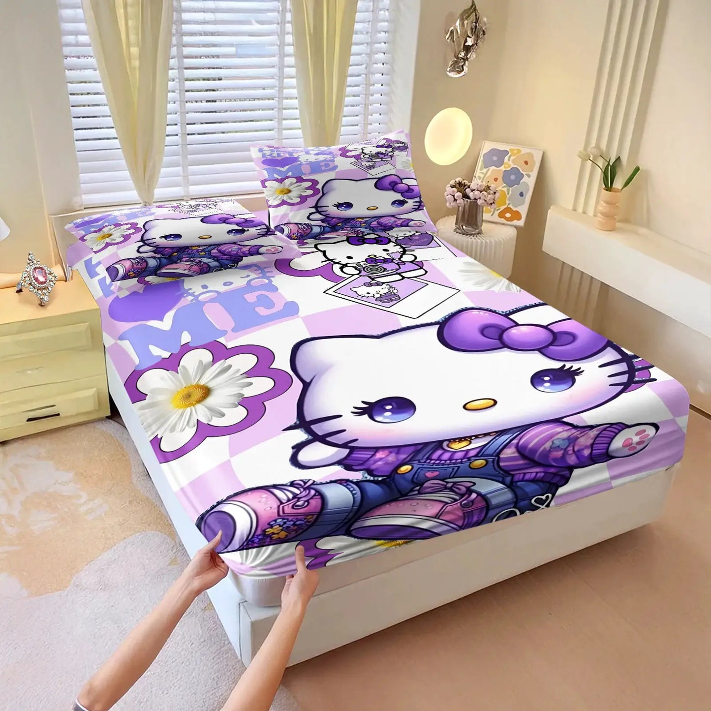 3Pcs Hello Kitty Fitted Sheet Set Purple Glitter Print with Pillowcases Cute Cartoon Fitted Sheet Set for Girls Bedroom Decor from PriceLows™