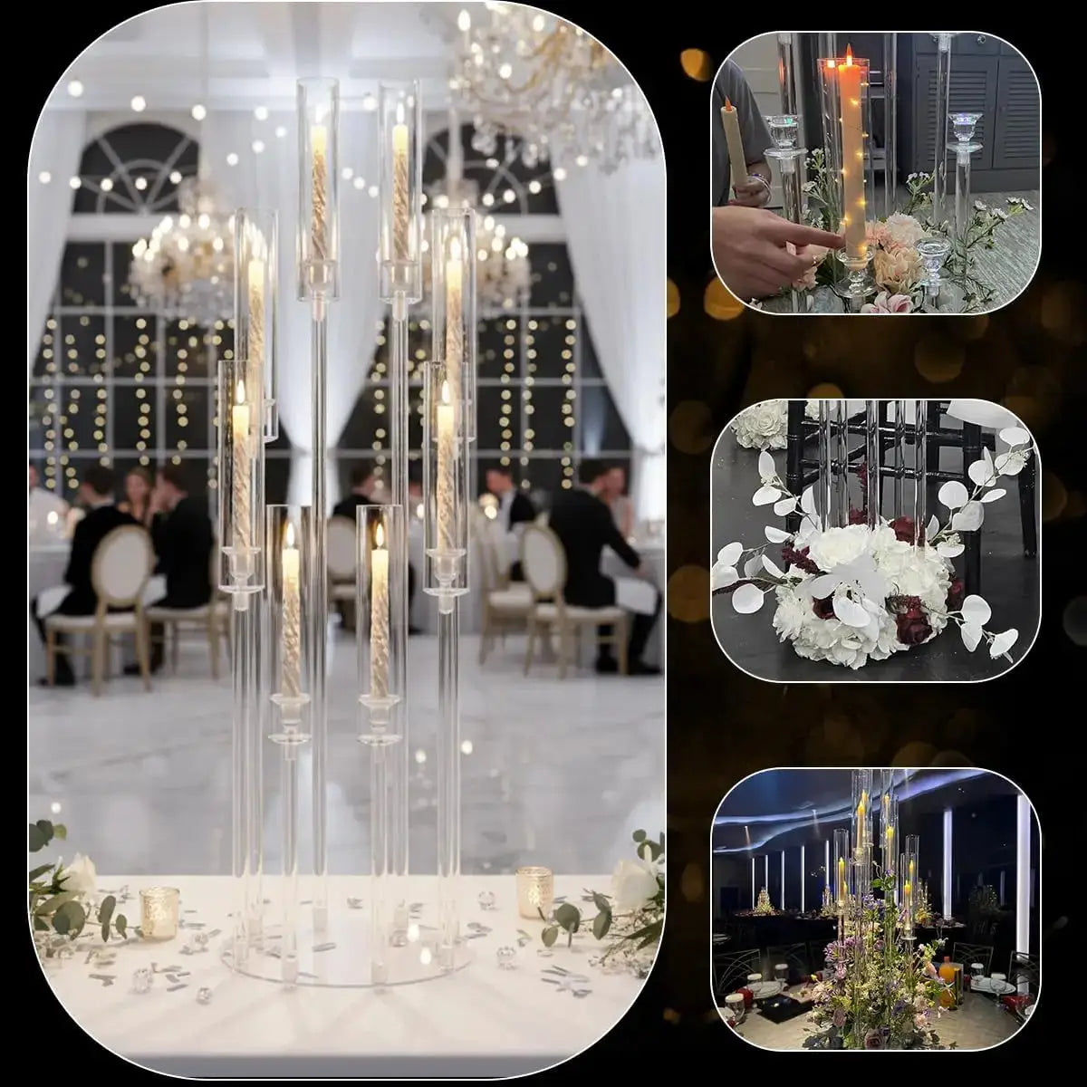 Clear Acrylic Candelabra | 8 Arms | LED Compatible | 10 Pack