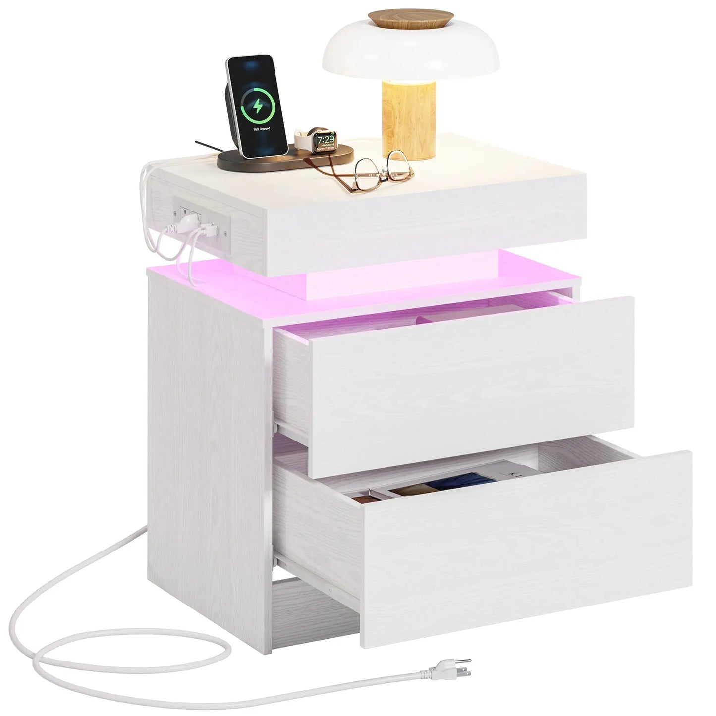 LIKIMIO Night Stand with Charging Station, Modern Nightstand with LED Light and Drawers, Bedside Tables/End Table for Bedroom from PriceLows™