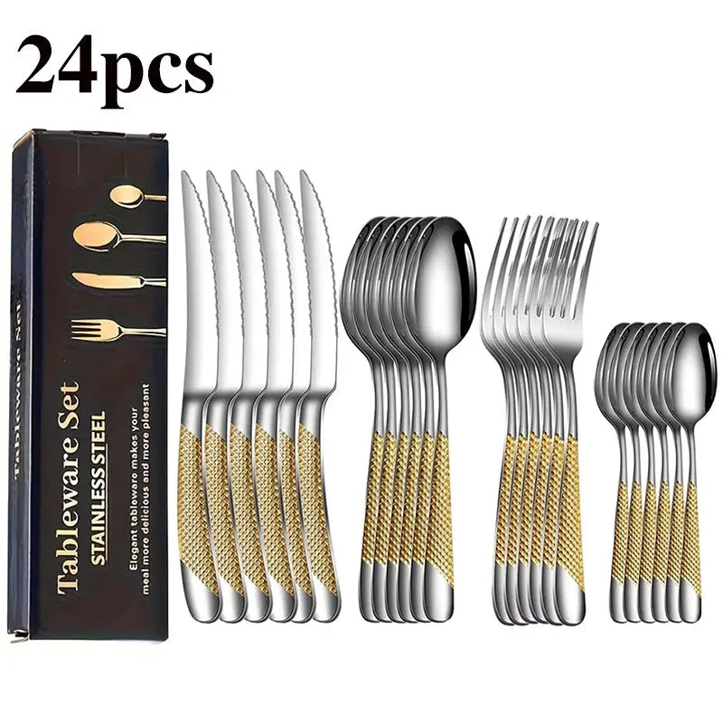 24pcs stainless steel tableware set, including knife, fork, spoon and coffee spoon gift box, dishwasher safe. from PriceLows™