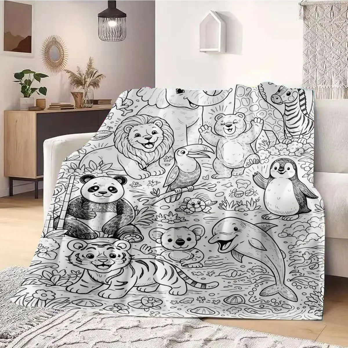 Throw Blanket | Coloring Book Jungle Ocean Line Art | 100% Polyester | One Size