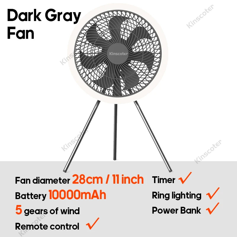 Outdoor Camping Fan | 10000mAh Battery | LED Lighting | 11 Inch