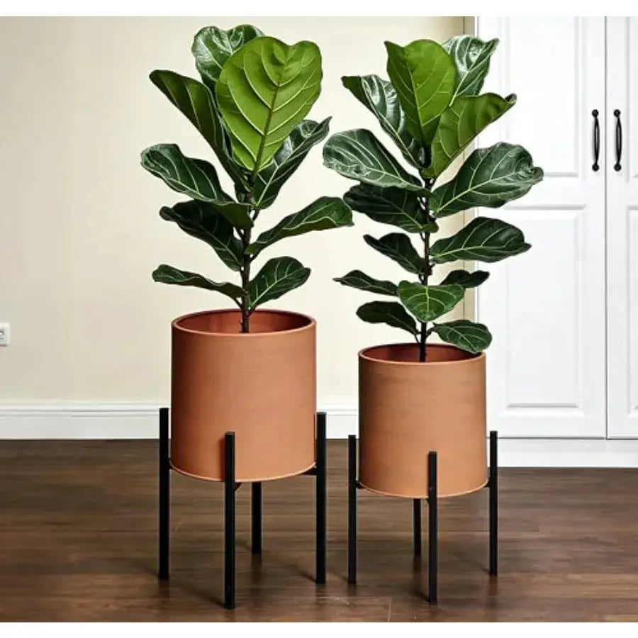 Modern plant pots set of 2 large metal planters with stand for living room office garden or balcony, terracotta color, drainage from PriceLows™
