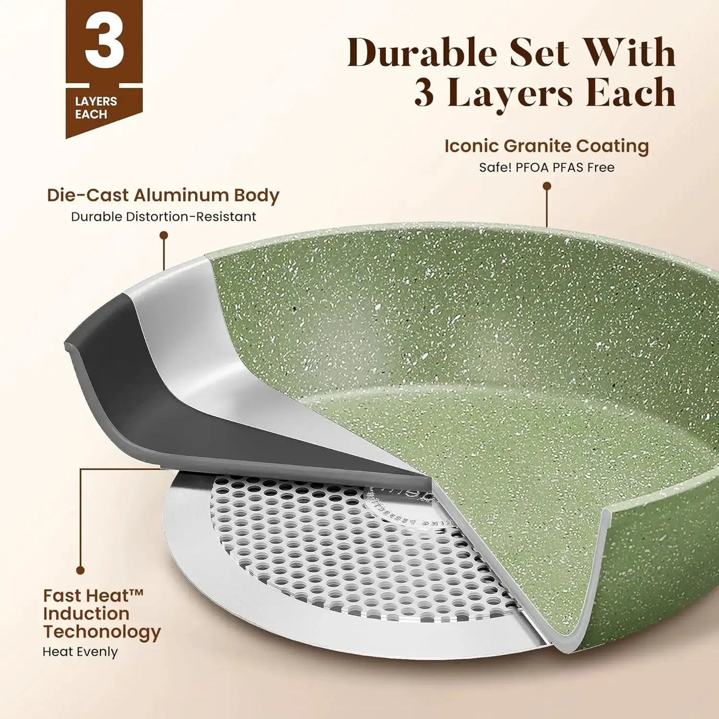 17-Piece Nonstick Induction Cookware Set with Griddle, Green Granite Pots and Pans, Healthy Cooking Set from PriceLows™