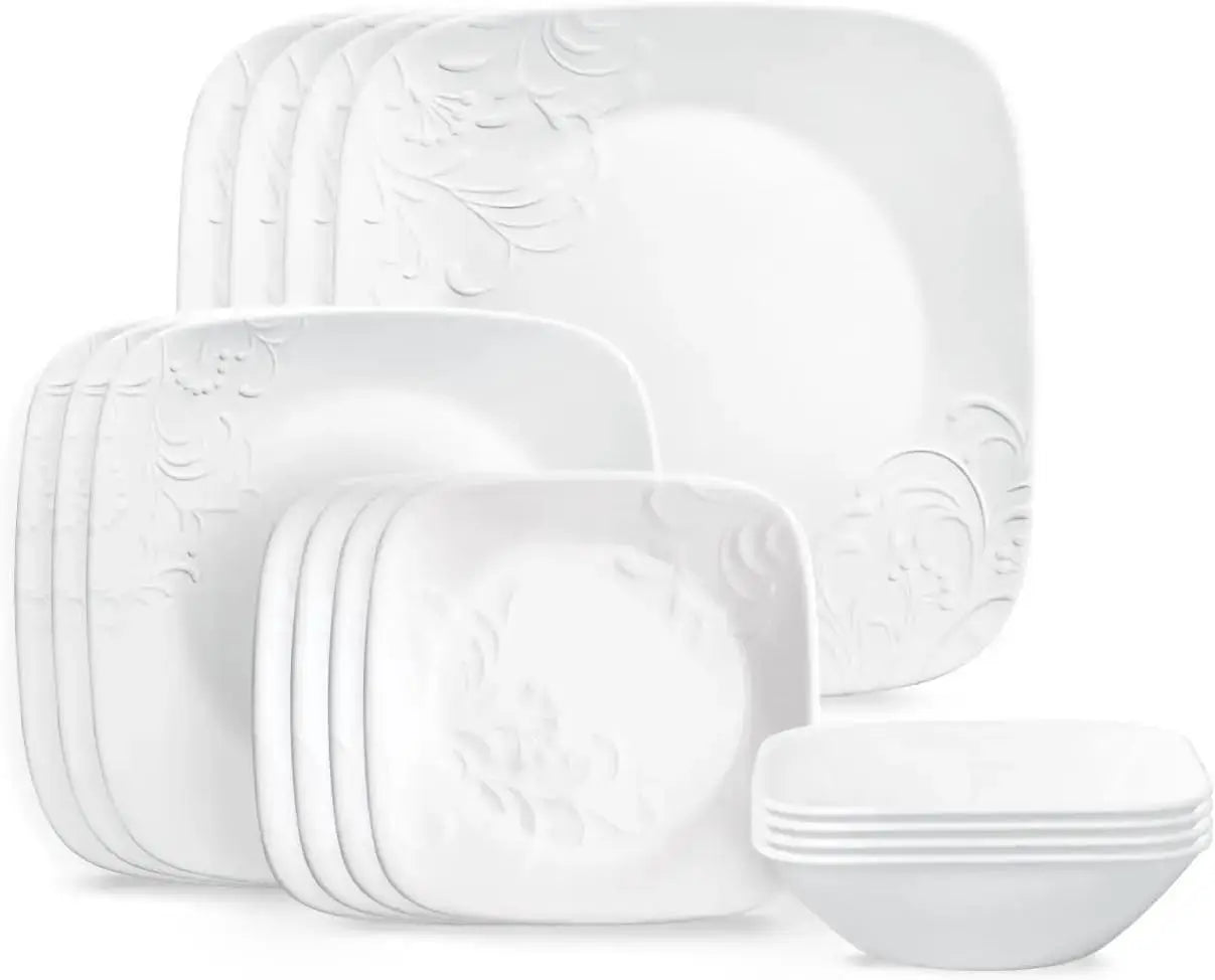 Cherish 16pc Dinnerware Set, Service for 4, 8 Plates 8 Bowls, Chip & Break Resistant, White ware from PriceLows™
