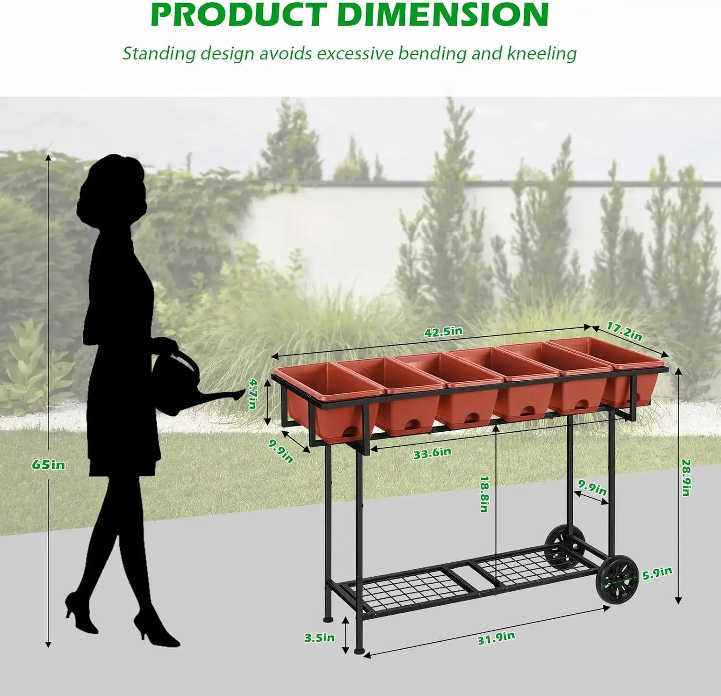Elevated Raised Garden Bed Outdoor with Legs 43x17x29 in Plastic Standing Planter Box with Storage Shelf and Wheels Vege from PriceLows™