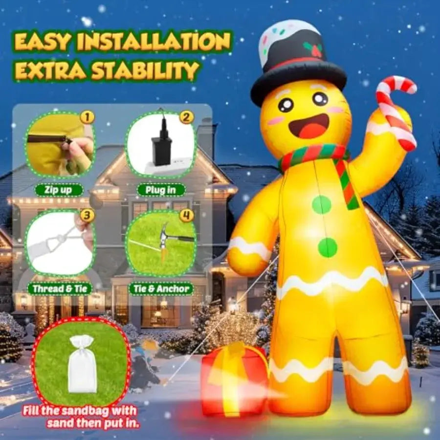 Inflatable Gingerbread Man | Built In Led | 12 Ft Height | Red And White