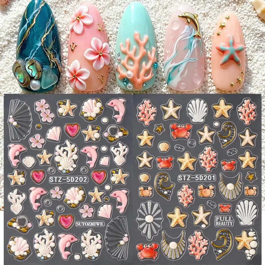 2pcs 5D Embossed Ocean Nail Art Stickers 3D Decals Starfish Coral Seashell Dolphin Crab Summer Beach Nail Decorations Manicure from PriceLows™