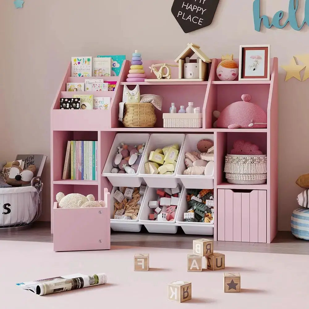 Multi-Tier Wooden Bookshelf with Storage Bins and Anti-Tip Feature, Ideal for Rooms and Play Areas from PriceLows™