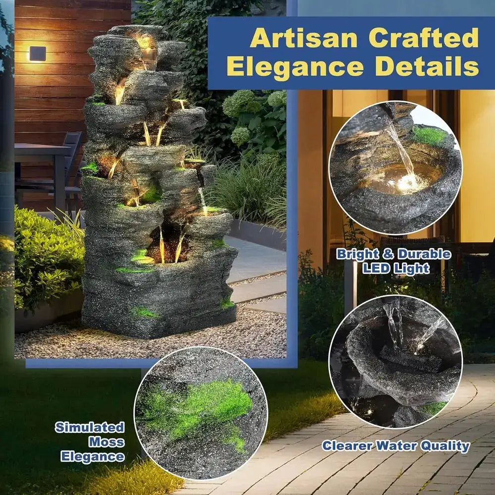 40 Outdoor Tiered Rock Waterfall Fountain with LED Lights for Patio and Garden Decor from PriceLows™