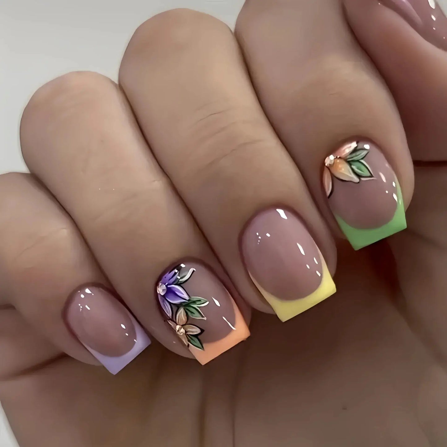 Short Almond Press On Nails | Pink Floral French | Reusable Full Cover | 24 Pcs