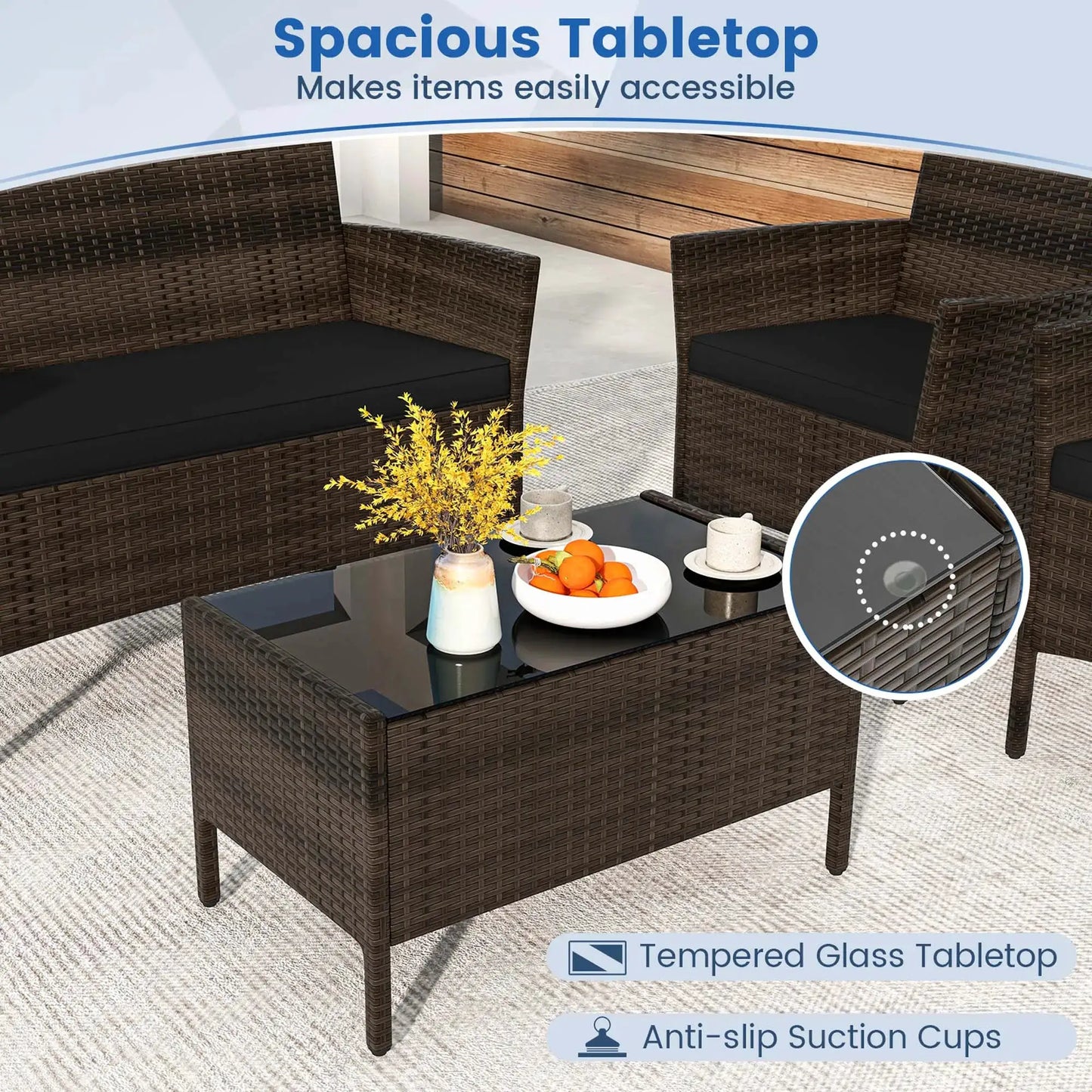 4 PCS Patio Furniture Set with Washable Cushions and Tempered Glass Coffee Table Black from PriceLows™