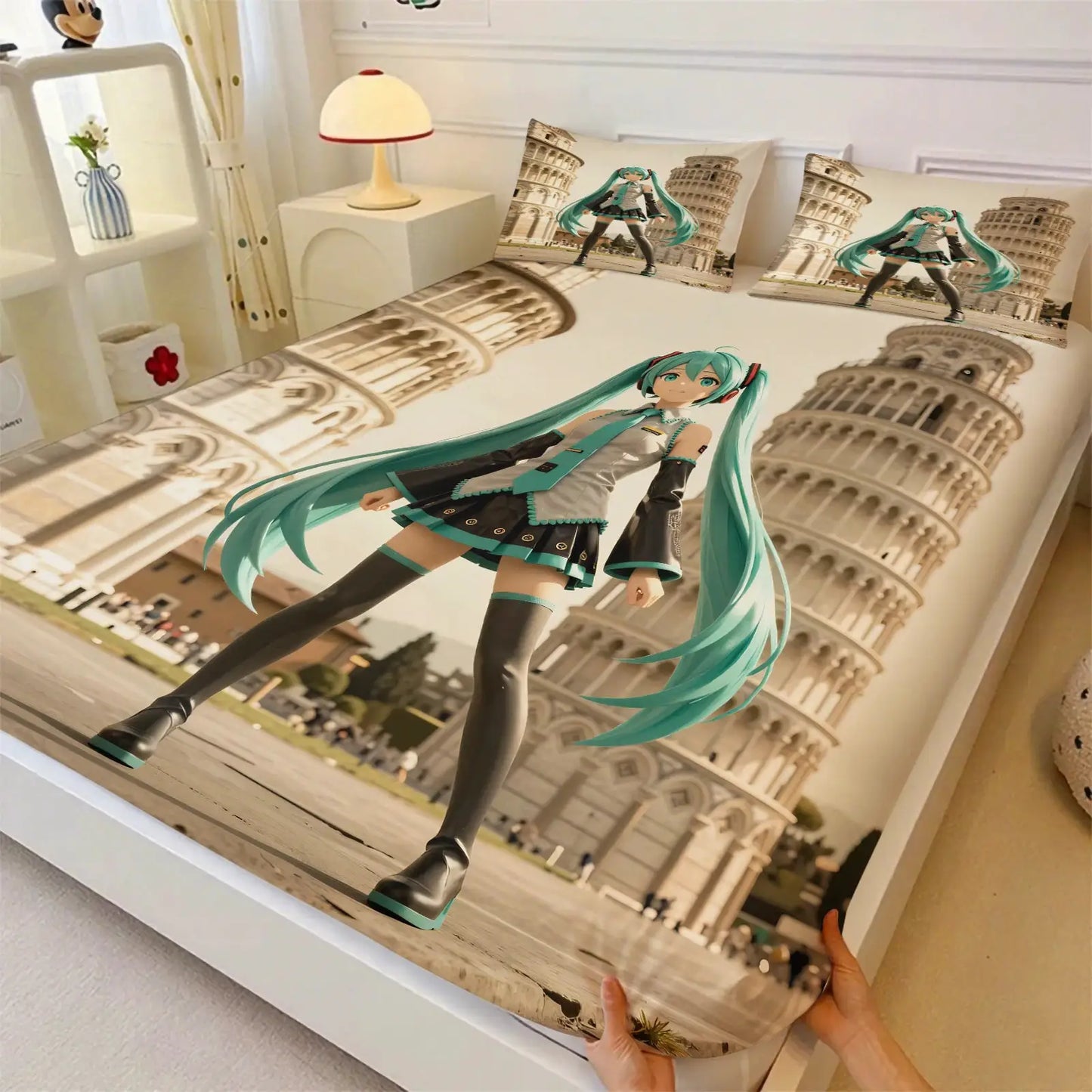 3Pcs Hatsune Miku Fitted Sheet Set with 2 Pillowcases Ice Palace Anime Bedding Set Soft Deep Pocket for Fan & Teen Bedroom Decor from PriceLows™