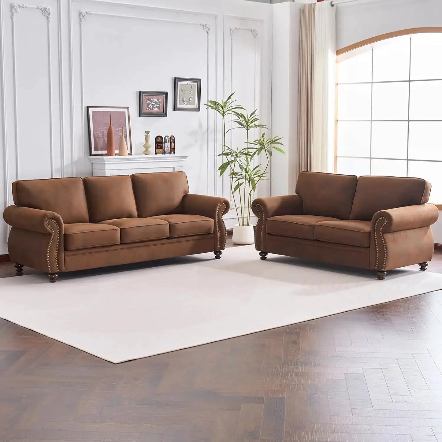 Living Room Sofa Set | Mid Century Rivet Design | Seat Depth 23 In | L-Shaped
