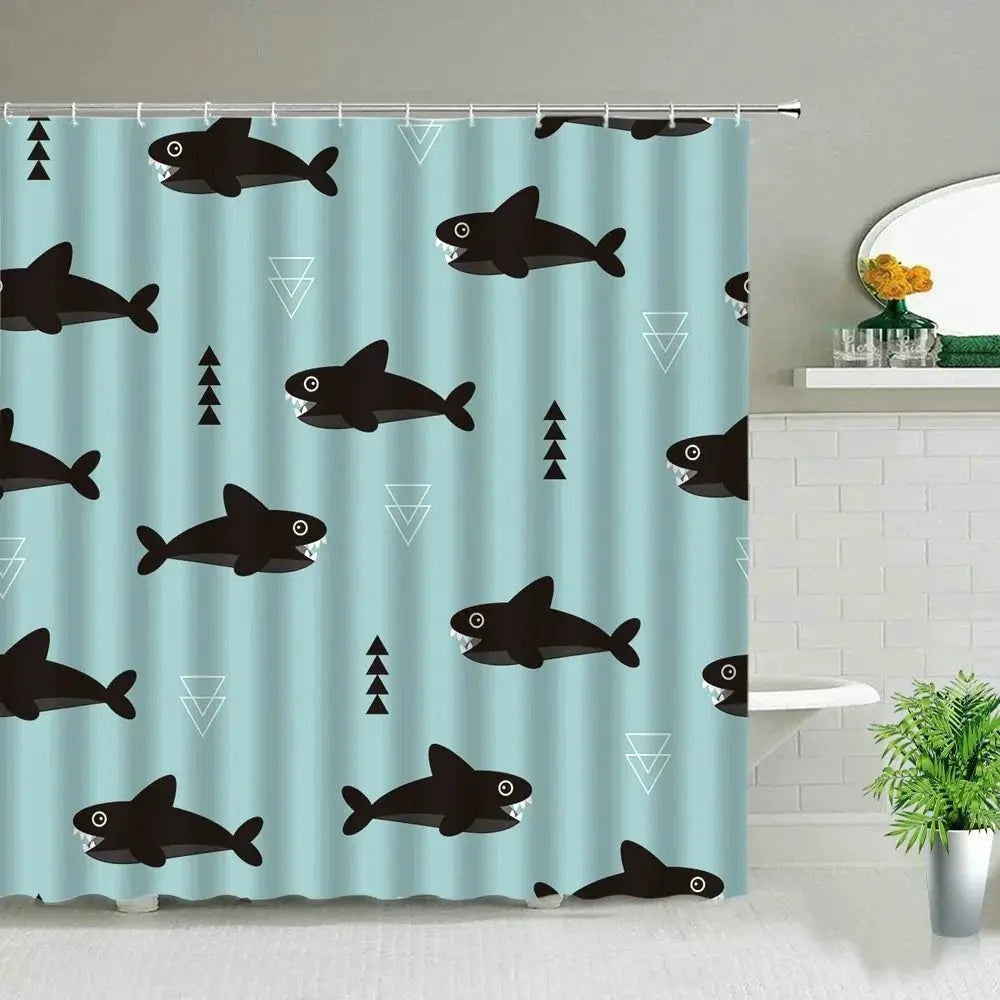Colorful Cartoons Fish Shark Shower Curtains Ocean Life Children's Bathroom Home Decor Cloth Curtain Set Waterproof Bath Screens from PriceLows™