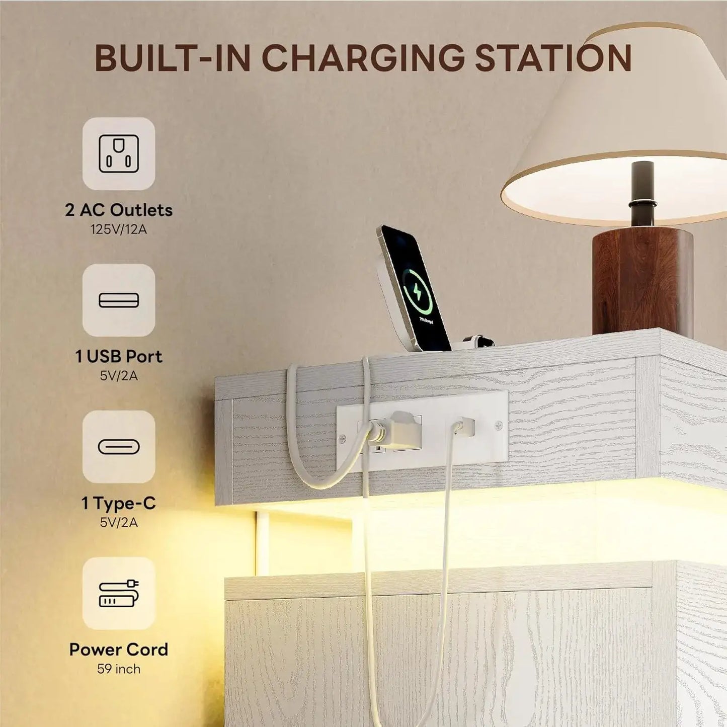 Dresser | LED Lighting | Power Outlet | 54 Inch 5 Drawer Wooden Chest
