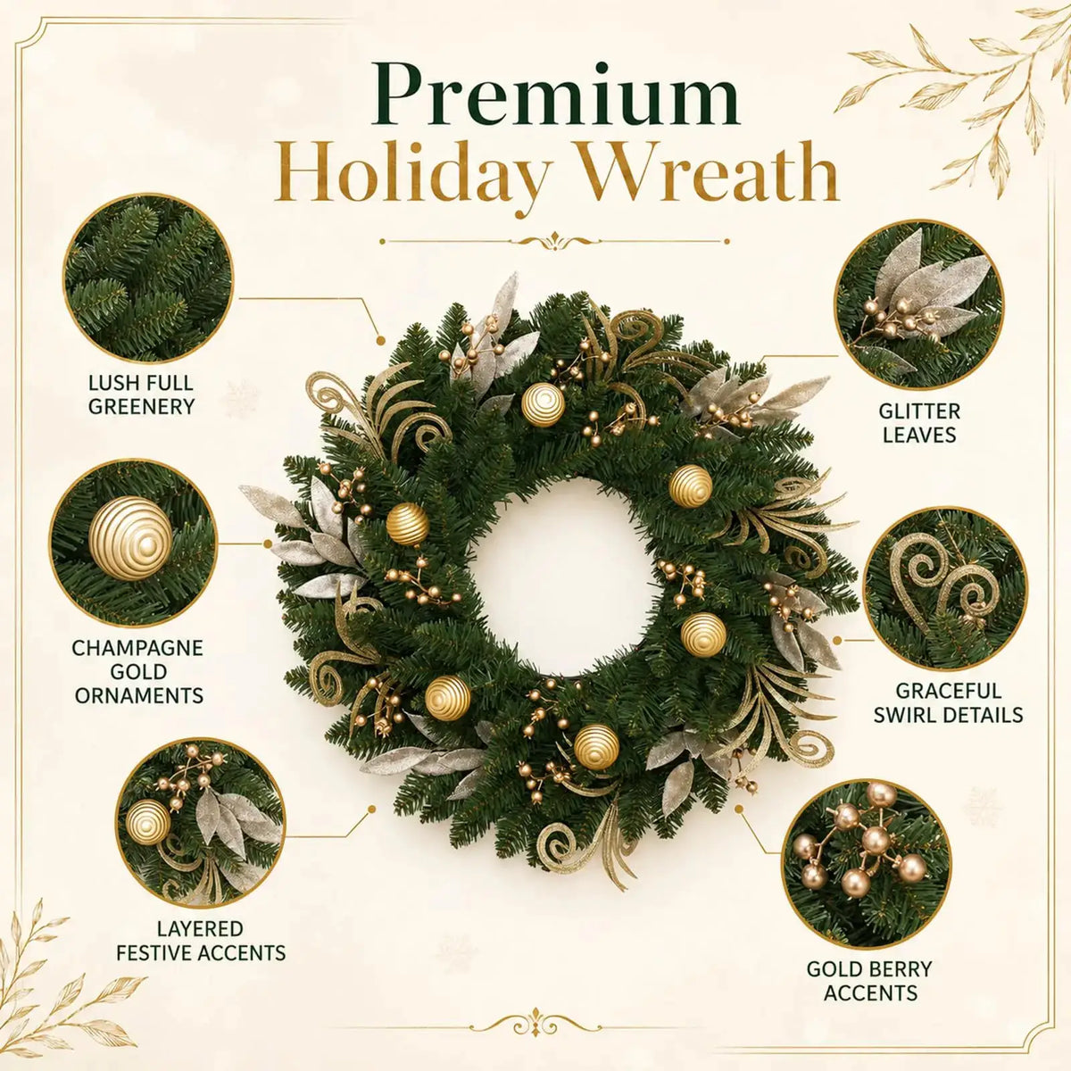 Christmas Wreath | Pine Branch | Berry Bow | 24 Inch