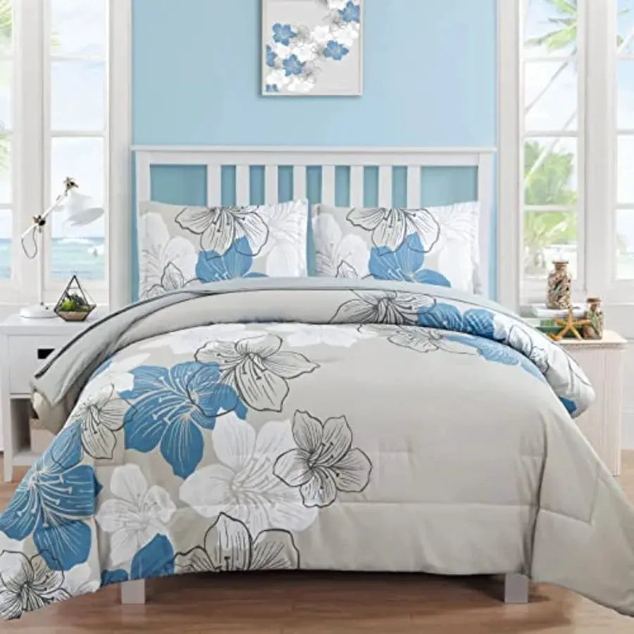 Comforter Set Size 7 Pieces Bed in a Bag, Turquoise Floral Comforter and Sheet Set, Soft Microfiber Complete Summer Bedding Set from PriceLows™