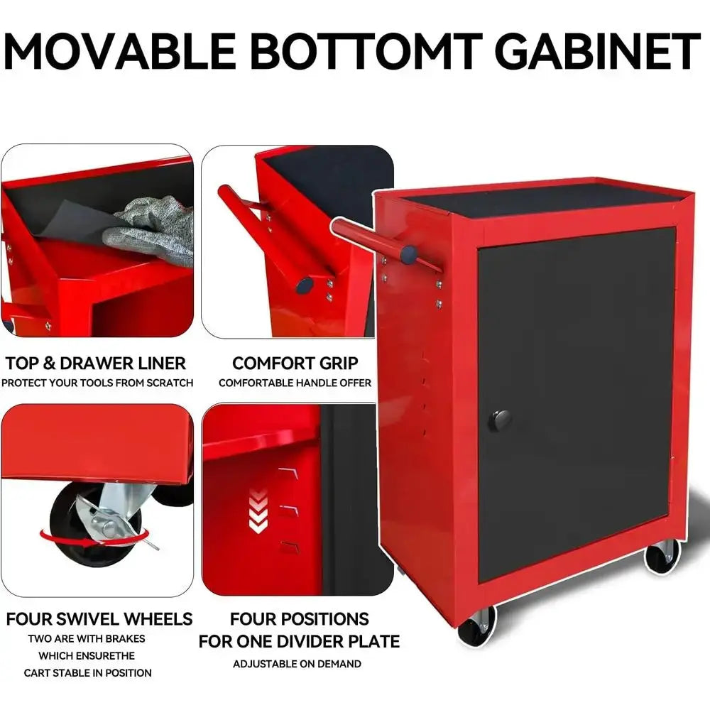 Red Black Rolling Tool Organizer, Detachable 3 Drawer Tool Chest with Large Cabinet & Adjustable Shelf for Garage Workshop from PriceLows™