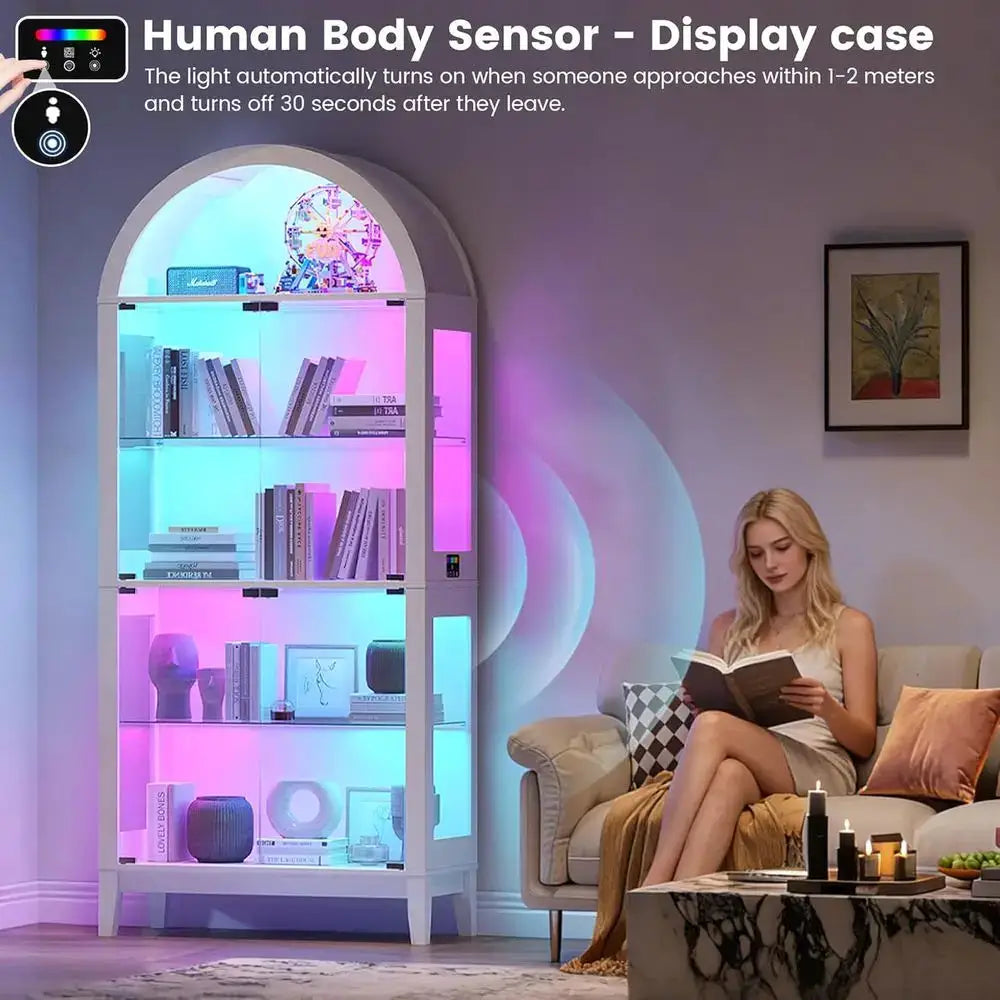 Illuminated Arched Glass Door Bookcase with 9-Cube Storage, 69 Tall, Music-Synced RGB Lights for Living & Bedroom (White) from PriceLows™