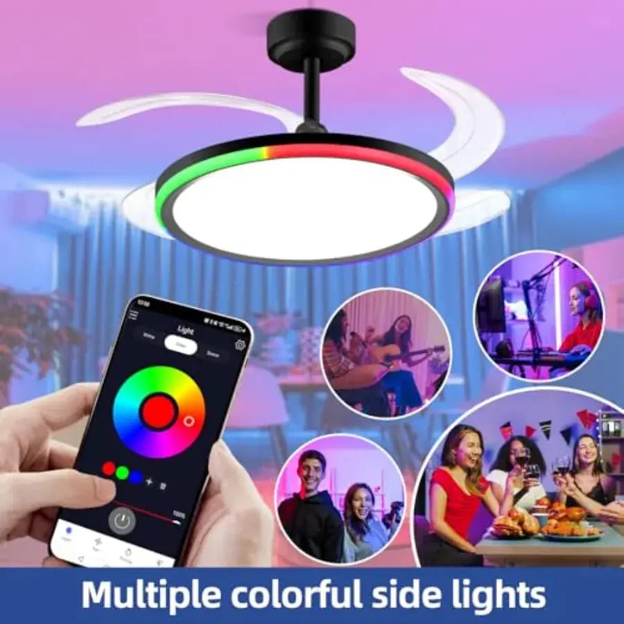 Slim Retractable Ceiling Fan with Light and APP Remote Control 42in Modern Smart RGB Ceiling Fan with Bluetooth Speaker Dimmabl from PriceLows™