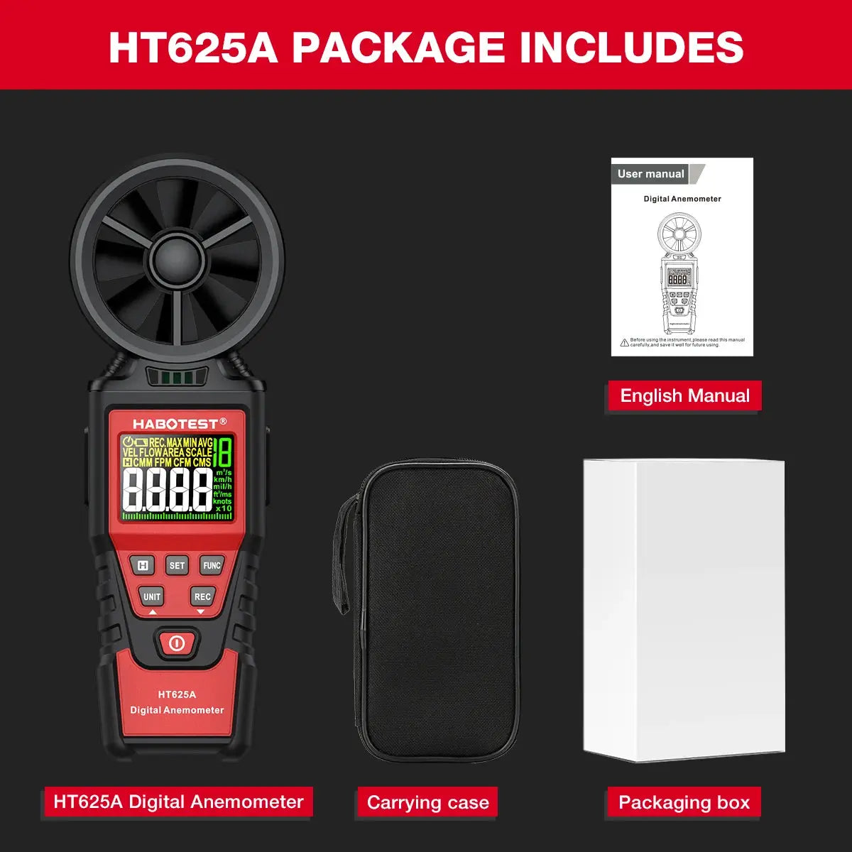 HABOTEST HT625 Anemometer Portable Wind Speed Meter Air Velocity Gauge Windmeter Digital Handheld Anemometer LCD Display from PriceLows™