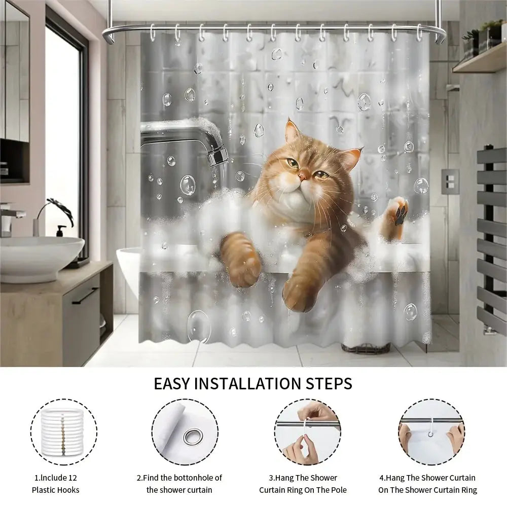 1pc Shower Curtain - Adorable Orange Cat in a Bathtub with Bubbles and Water Drops Design Waterproof from PriceLows™