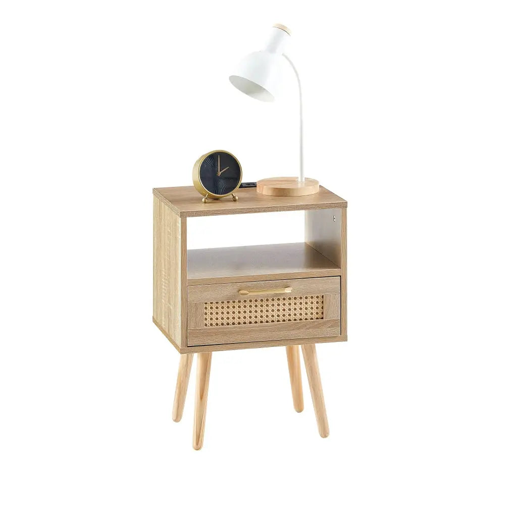 15.75" Rattan End table with Power Outlet & USB Ports , Modern nightstand with drawer and solid wood legs, side table for livin from PriceLows™