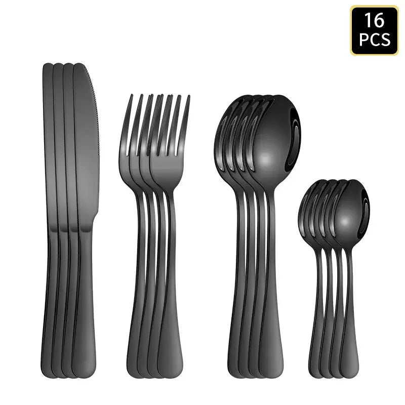 4/6/16/24pcs Black stainless steel cutlery 1010 round handle knife, fork and spoon cutlery set suitable for home and hotel from PriceLows™