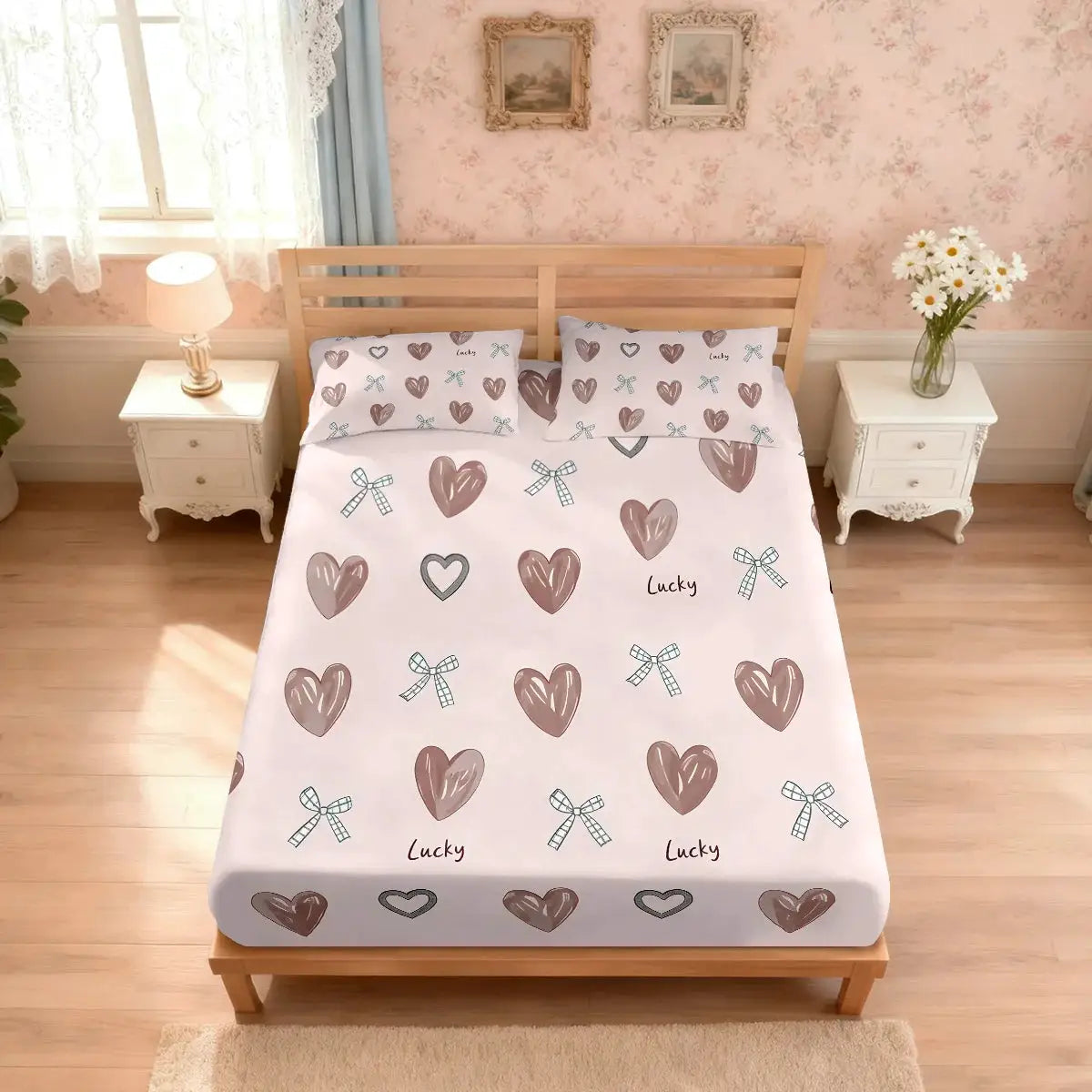 3pcs Cartoon Heart Printed Coreless Bed Sheet Set, Multi Size Soft Bed Cover, Bedroom Bedding Decoration from PriceLows™