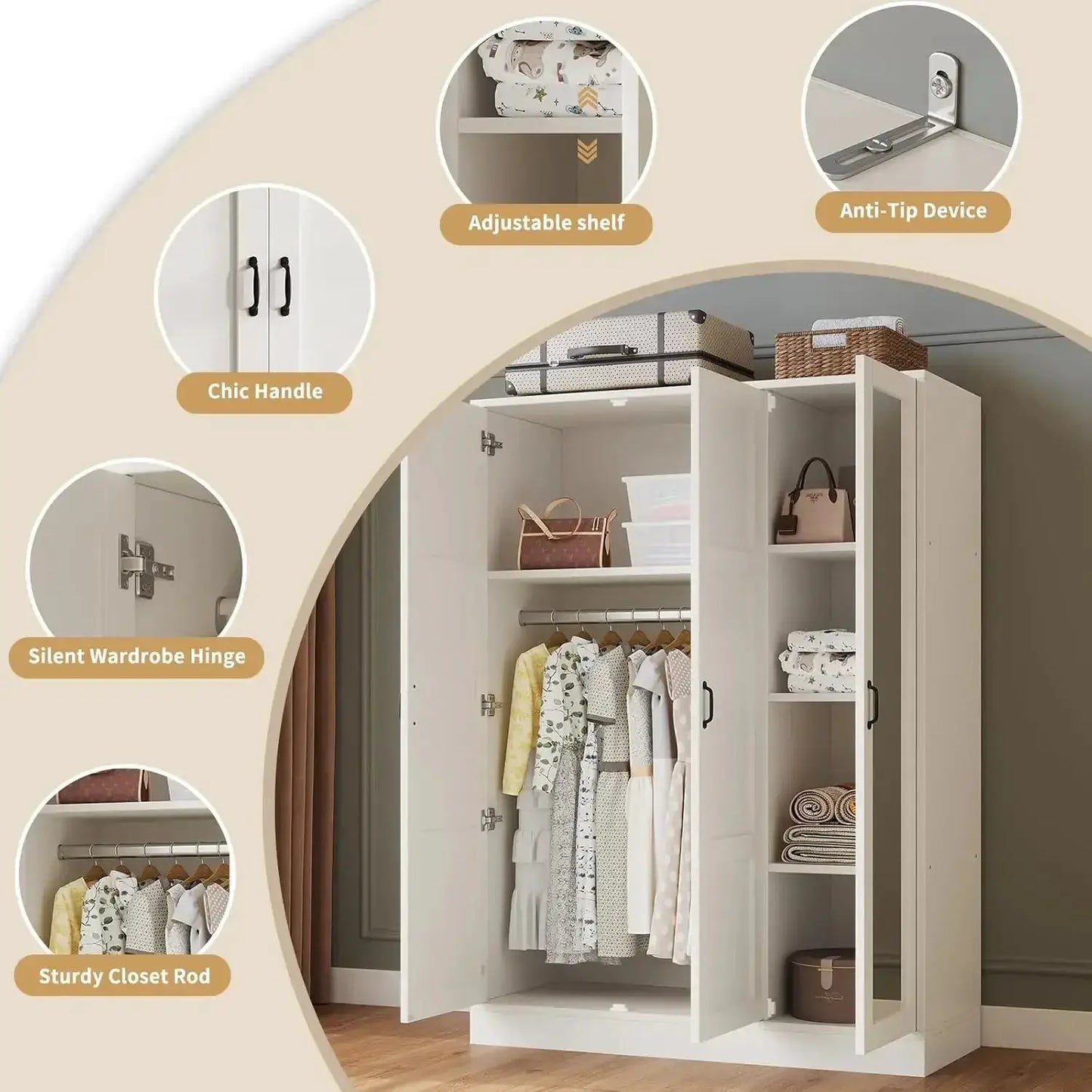 3-Door Armoire with Full-Length Mirror, Adjustable Shelves & Hanging Rod, Freestanding Storage Cabinet for Bedroom, White from PriceLows™