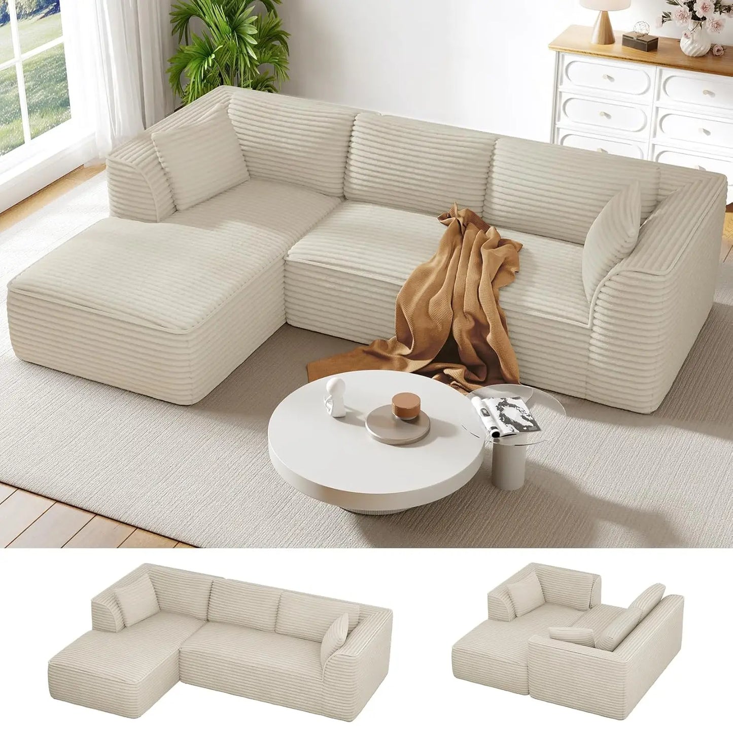 Modular Sofa | L-Shaped With Chaise | Corduroy Fabric