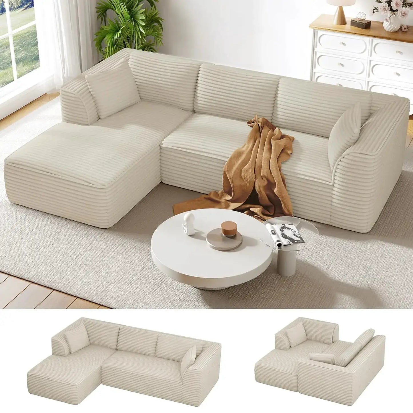 Modular Sofa | L-Shaped With Chaise | Corduroy Fabric