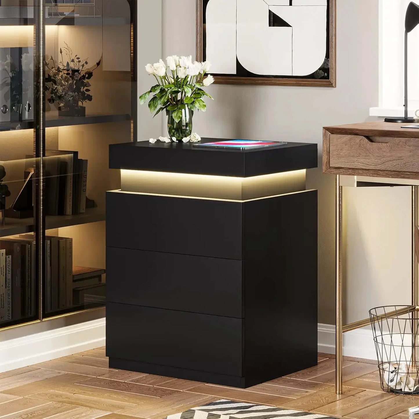 LED Nightstand with Charging Station, Sliding Top Drawer, Modern Bedside Table, Black from PriceLows™