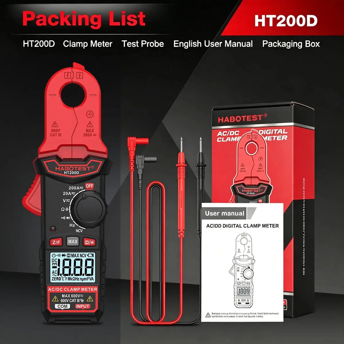 HABOTEST HT200A/D Digital True RMS Multimeter AC/DC 200A Clamp Tester Capacitance Measurement 20MHz Frequency CE RoHS Certified from PriceLows™