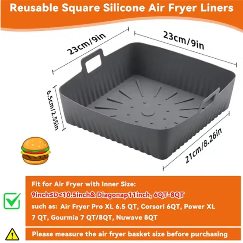Silicone Air Fryer Liners | 23cm/9in Square | For Ninja 6-8QT | Large