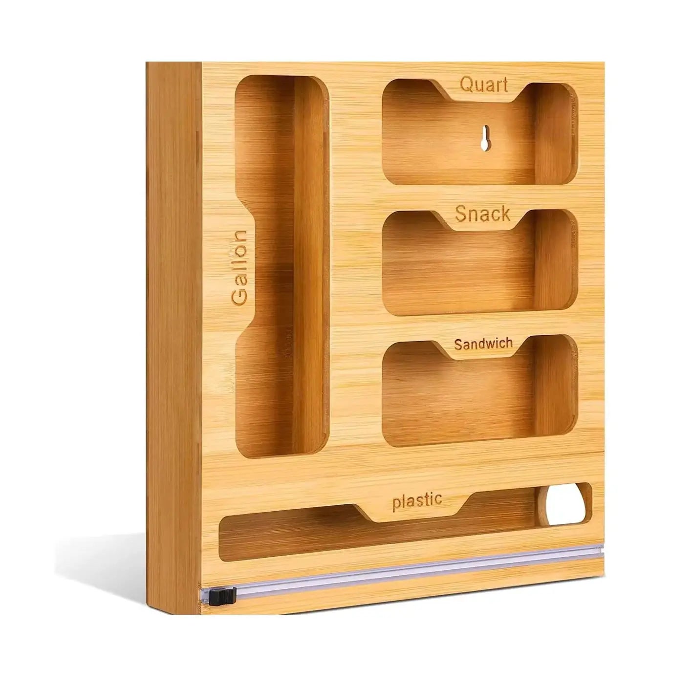 Bamboo Ziplock Bag Holder | Wall Mount Rack | Cutter Dispenser
