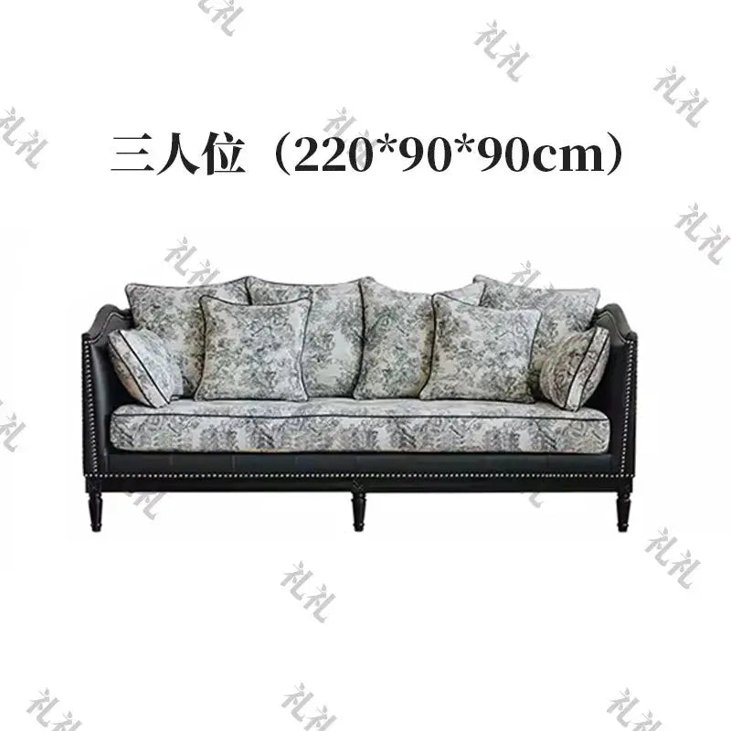American retro printed sofa villa living room three-person straight row sofa French simple small apartment leather art sofa from PriceLows™